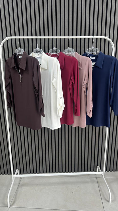 Yew Modal Stretch Top with Collar and Zip Neckline