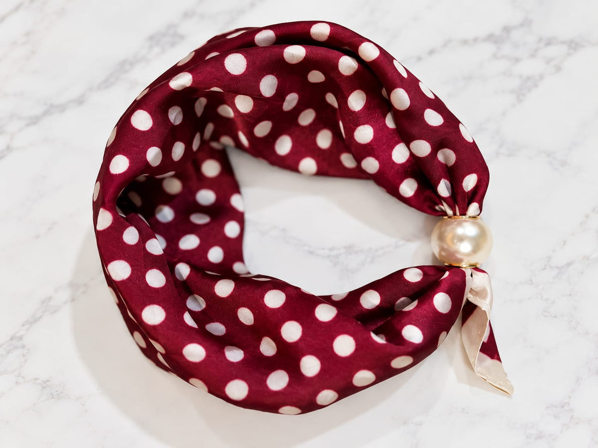 Burgundy and Pink Polka Dot scarf with Pearl Magnetic clasp