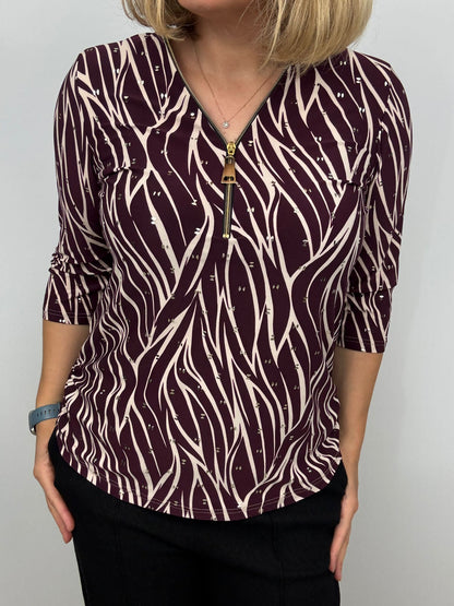 Ilona 3/4 sleeve Zip Top in Burgundy print Zipaw 5