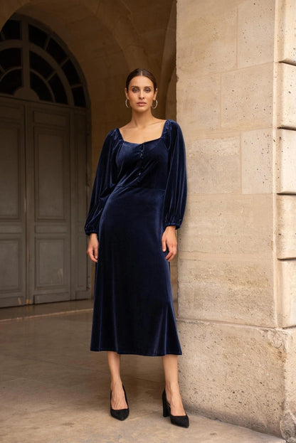 Navy Velvet Midi Dress with sweetheart neckline