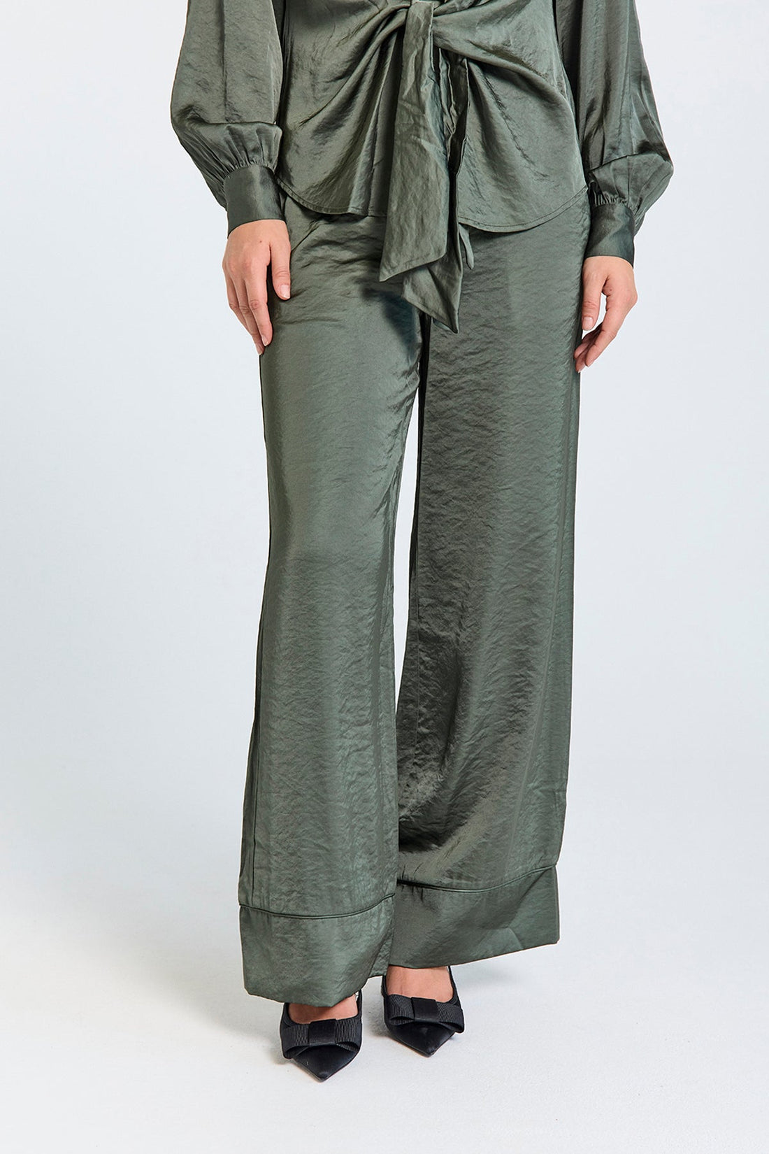 Freequent Wide Leg Satin Pants in Kombu Green