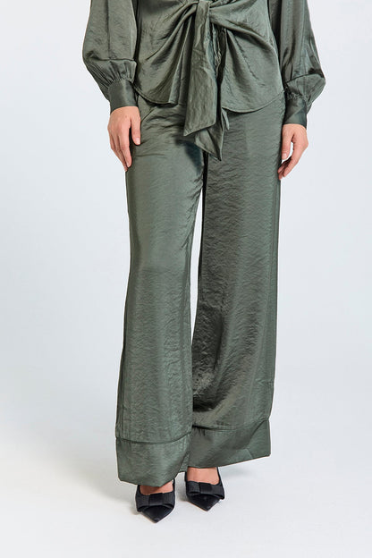 Freequent Wide Leg Satin Pants in Kombu Green