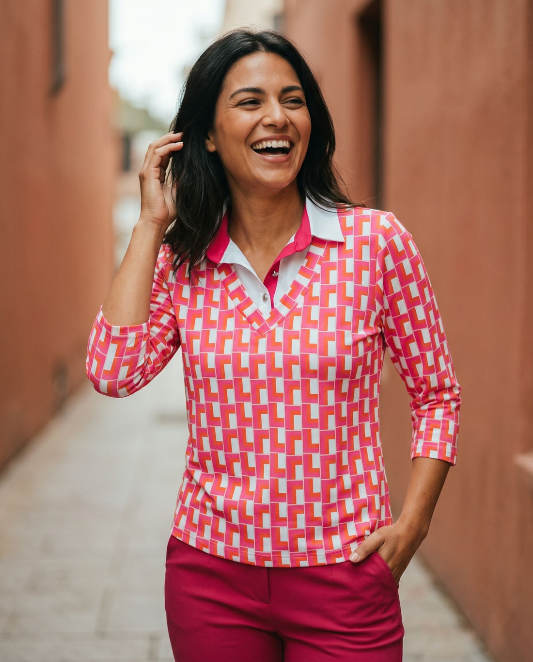 Yew Pink Geo print top with White Collar insert Yew26 18