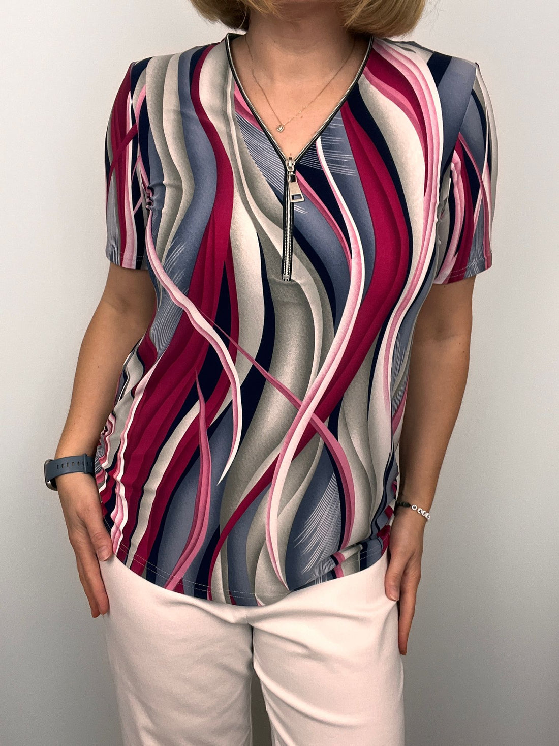 Short Sleeve Zip Top in Raspberry navy and stone print  Zip25 15