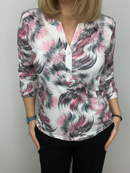Ilona 3 Button v neck  Shirt  3/4 sleeve  in Green or Pink Print  2026