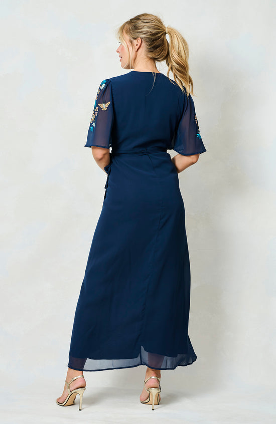 Hope and Ivy Catriona Embroidered Flutter Sleeve Maxi Wrap Dress with Tie Waist