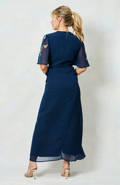 Hope and Ivy Catriona Embroidered Flutter Sleeve Maxi Wrap Dress with Tie Waist