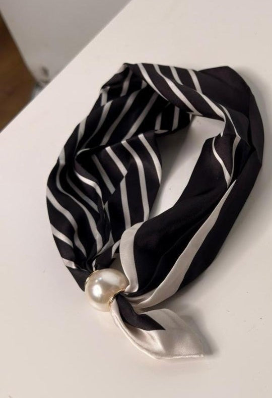 Black &amp; White Stripe Silk Neck Scarf with Pearl Clasp