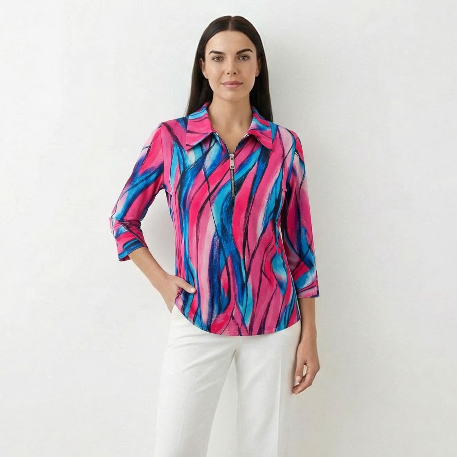 Yew Top with Collar and 1/4 Zip  in Pink and Blue print Yew26 1