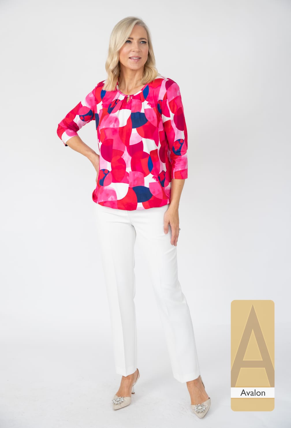 Avalon Amy3/4 sleeve top in Pink Print V540