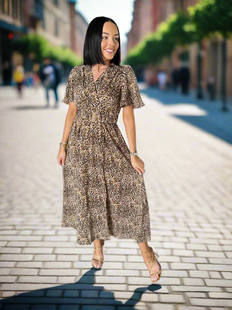 Mock Wrap midi dress with ruched elastic belt.
