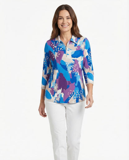 Yew Top with Collar and 1/4 zip in Blue print  Yew26 3