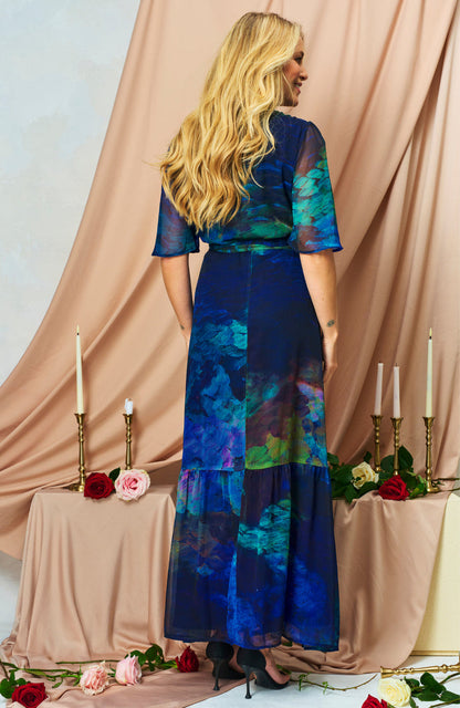Hope &amp; Ivy Jaqueline Flutter Sleeve Maxi Wrap Dress with Tie Waist
