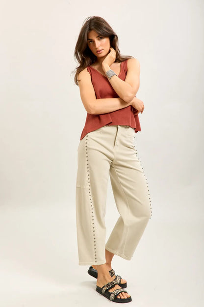 Toxic Barrel Jean with Stud Detail in Beige