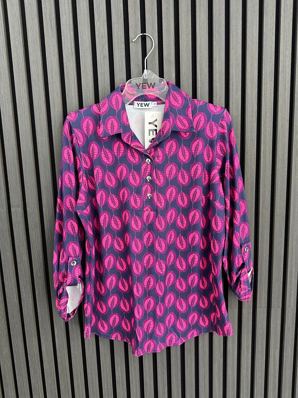 Yew Top with Collar and 3 button opening in navy and pink print Yew26 51