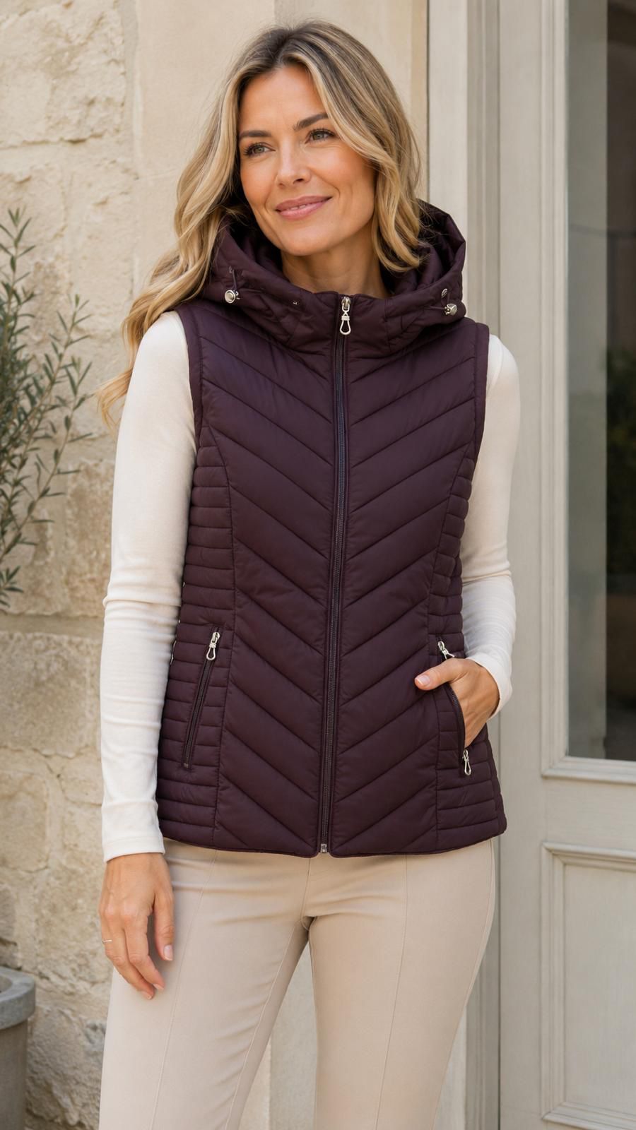Quilted Gilet with Detachable hood in  Plum
