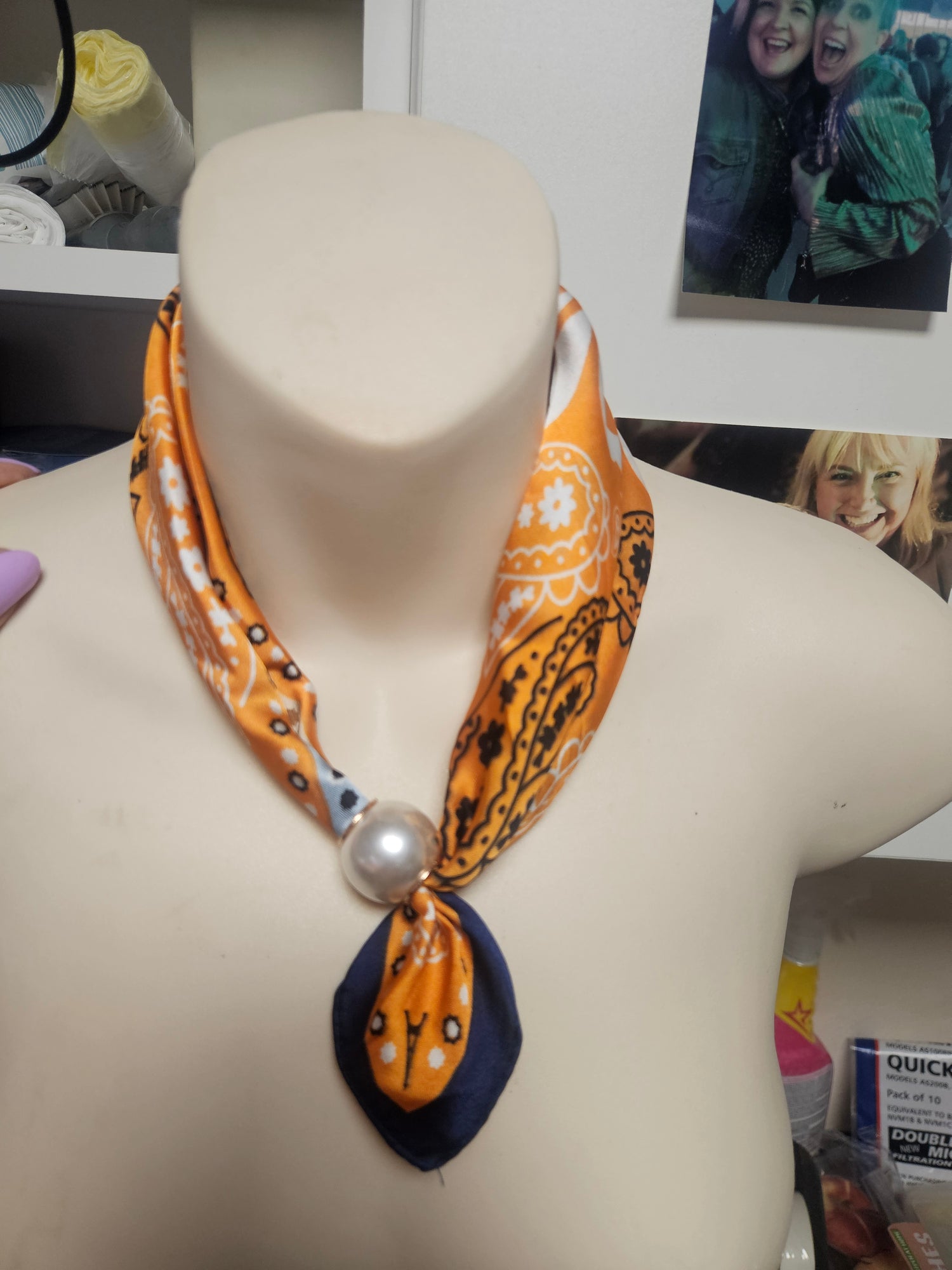 Orange Paisley Neck Scarf with Pearl Magnetic Clasp