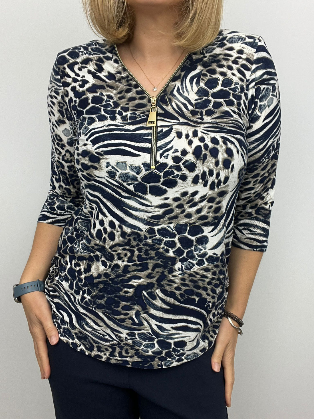 Ilona Navy Animal Print 3/4 sleeve Zip top Zip25 32