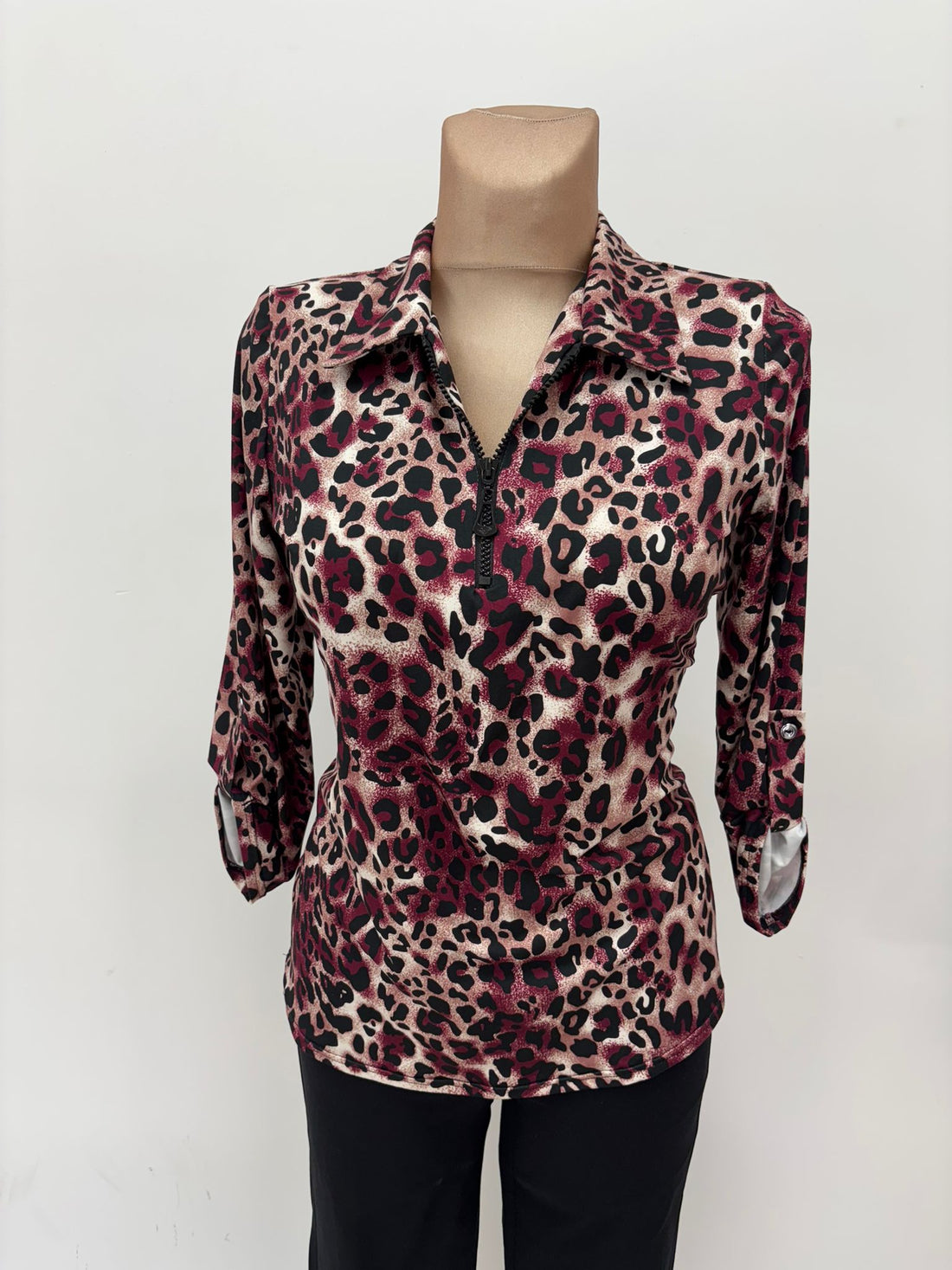 Yew Top with Collar and Zip in Burgundy Animal print Yew25 61