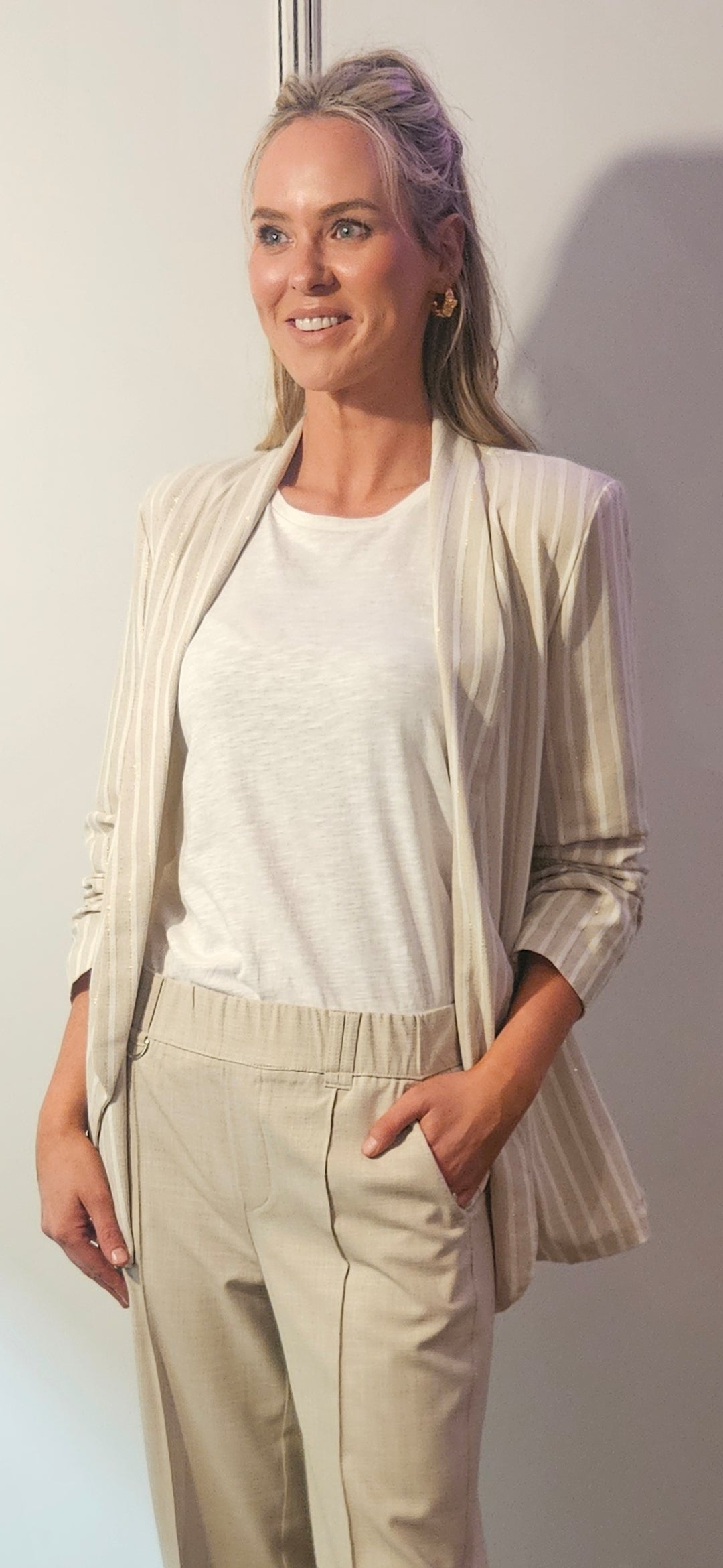 Linen Mix cream and beige pinstripe with subtle gold thread