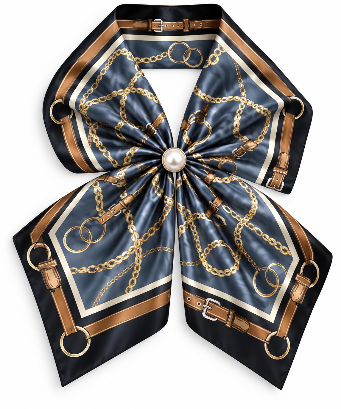 Silk Blend Scarf with Adjustable Pearl Clasp – Grey Chain Print
