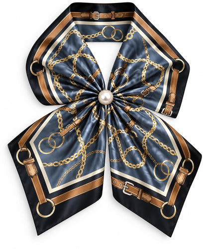 Silk Blend Scarf with Adjustable Pearl Clasp – Grey Chain Print