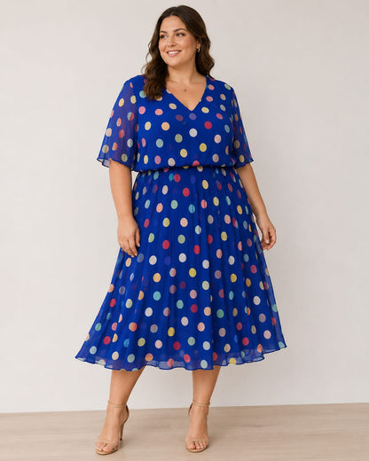 Royal Blue Polka Dot Dress, Reg and Plus Sizes