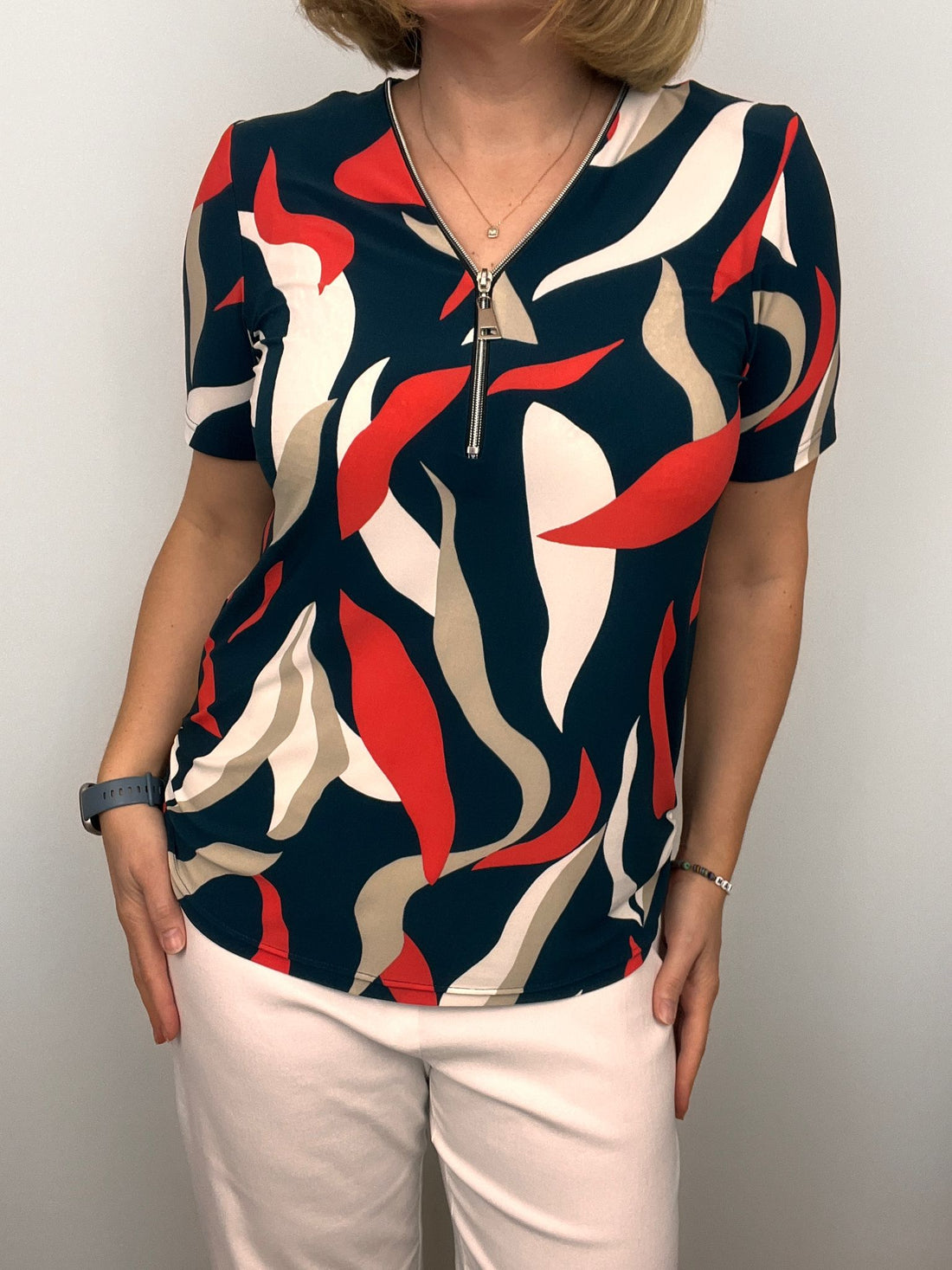 Short Sleeve Zip Top in Navy Stone and Orange mix Zip25 13