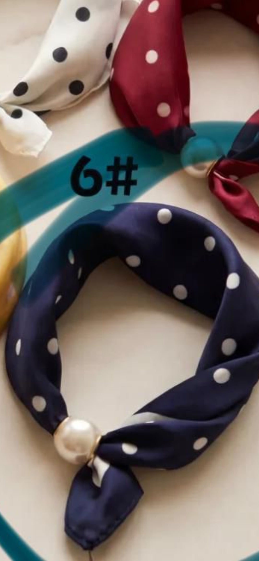 Navy Polka Dot Silk Neck Scarf with Magnetic Pearl Clasp