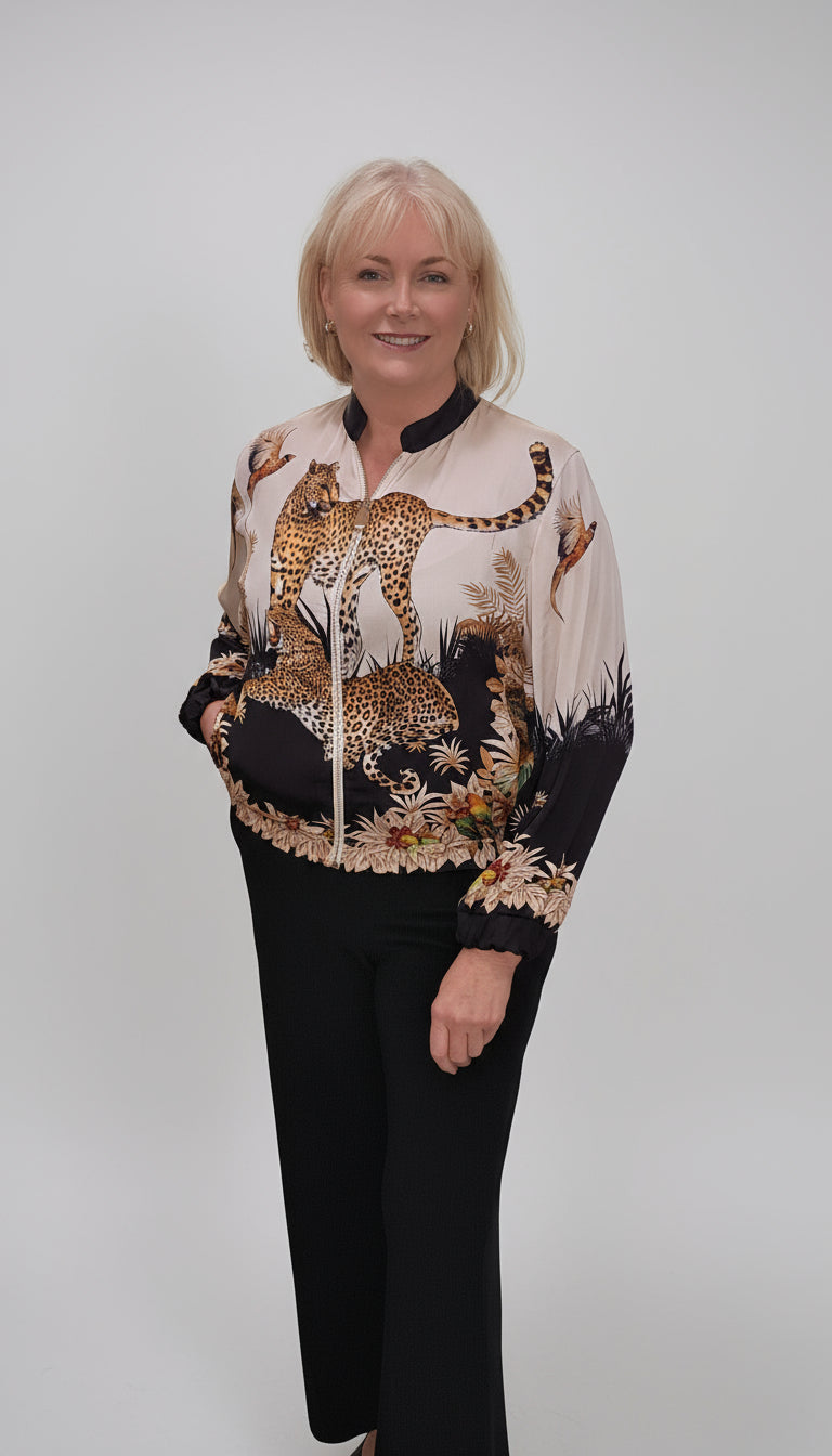 Zola Safari print Satin Bomber Jacket