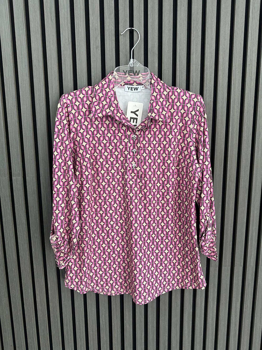 Yew Top with Collar and 3 button opening pink and taupe print  in Yew 26 50