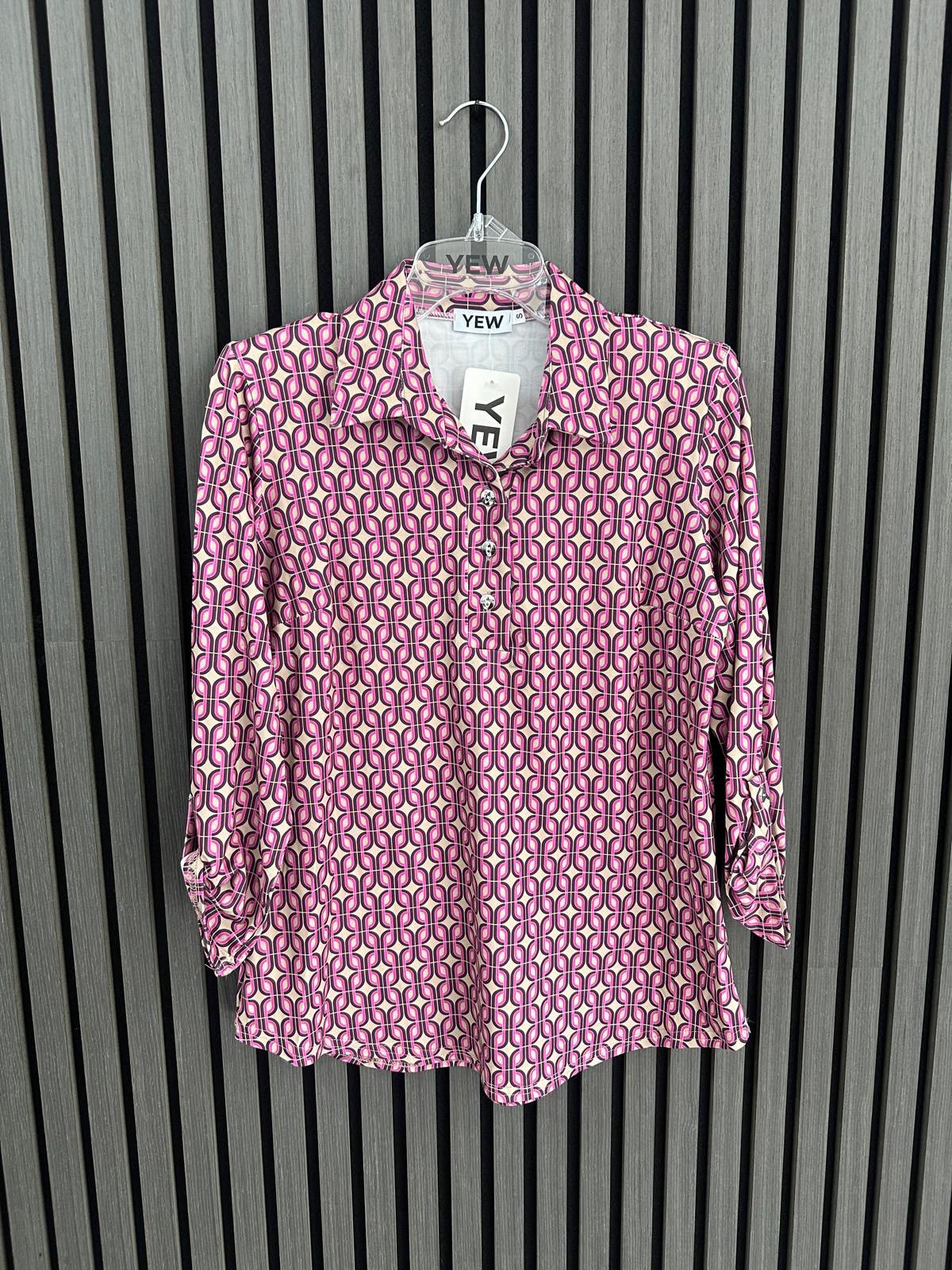 Yew Top with Collar and 3 button opening pink and taupe print  in Yew 26 50