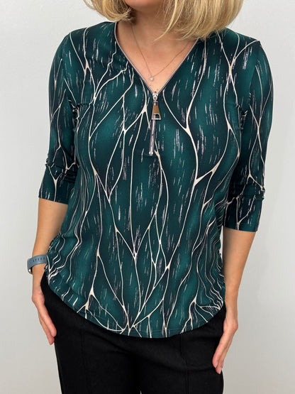 Ilona 3/4 sleeve Zip top in Deep Green print Zipaw26 2