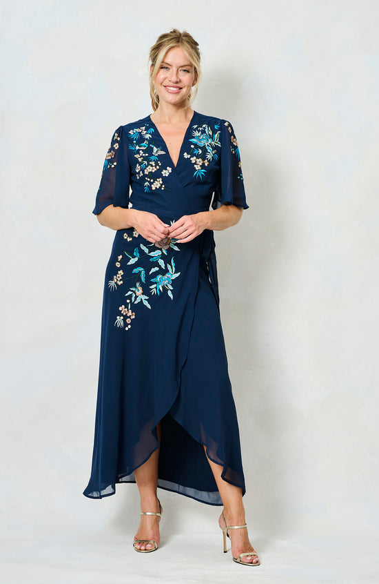 Hope and Ivy Catriona Embroidered Flutter Sleeve Maxi Wrap Dress with Tie Waist