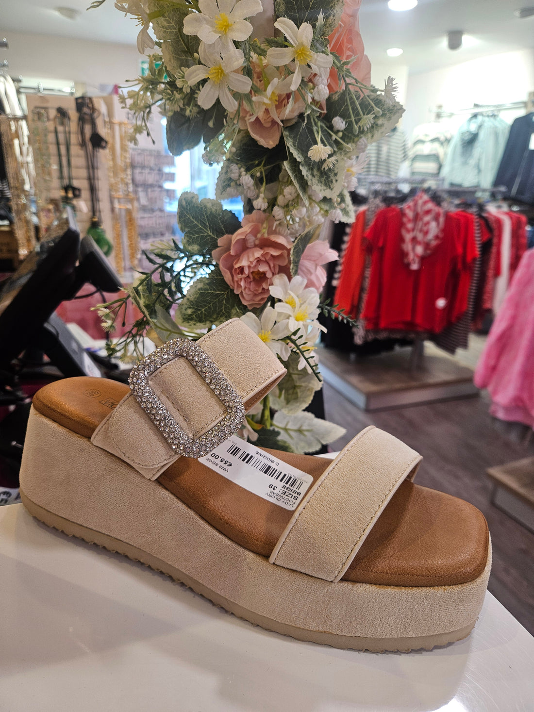 Slip on Faux Suede Wedge Sandal with Diamante buckle