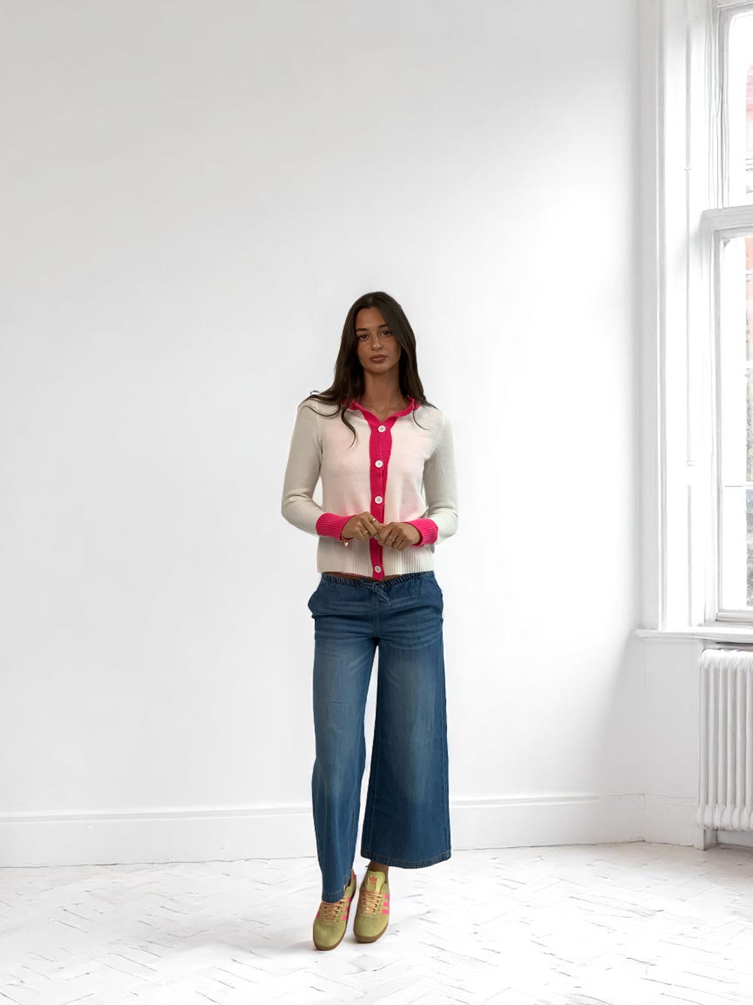 This Girls Curosity Elara Cardigan with Green or pink Trim