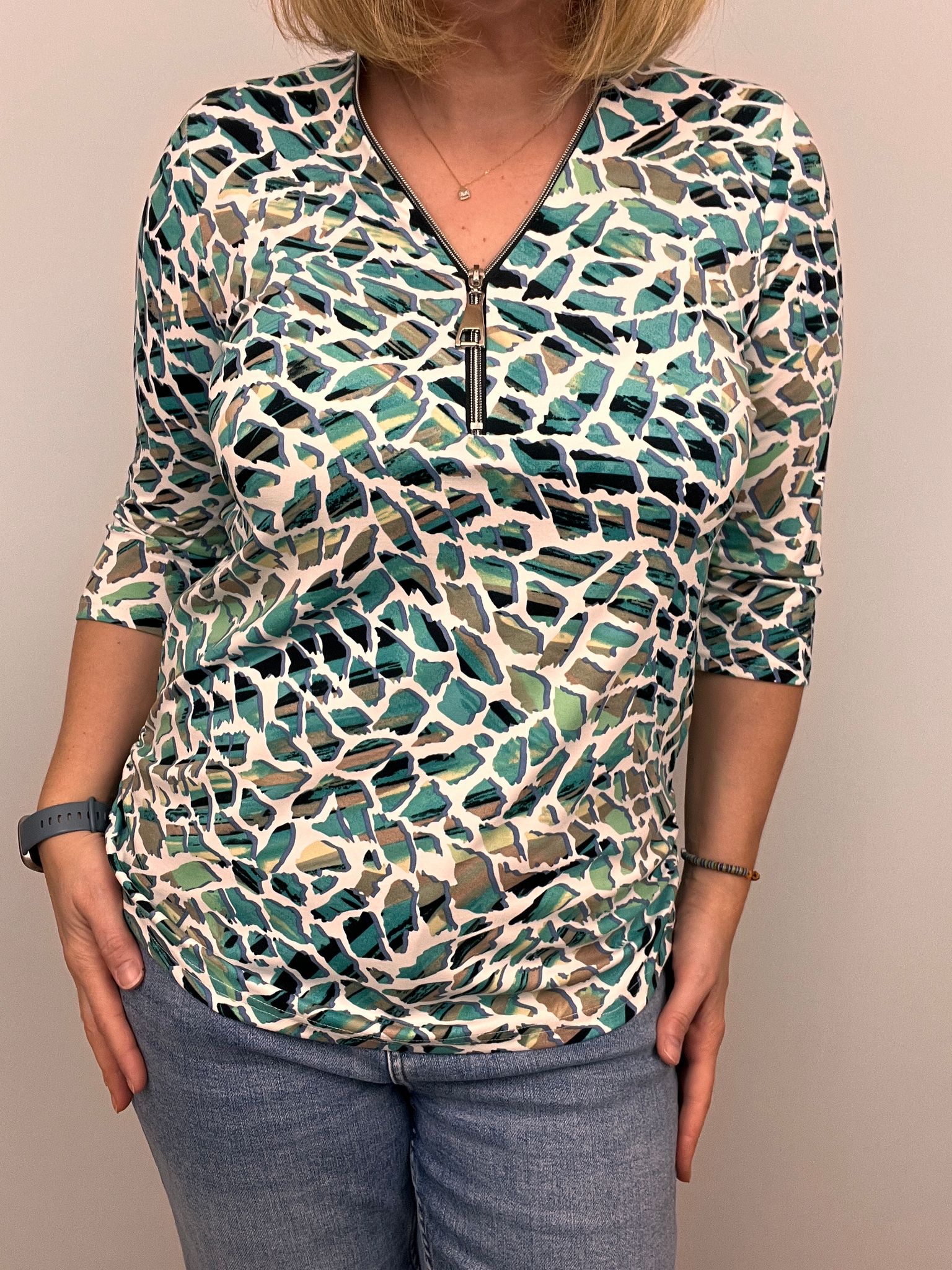 Ilona Zip top with Green mosiac Print Zip25 10