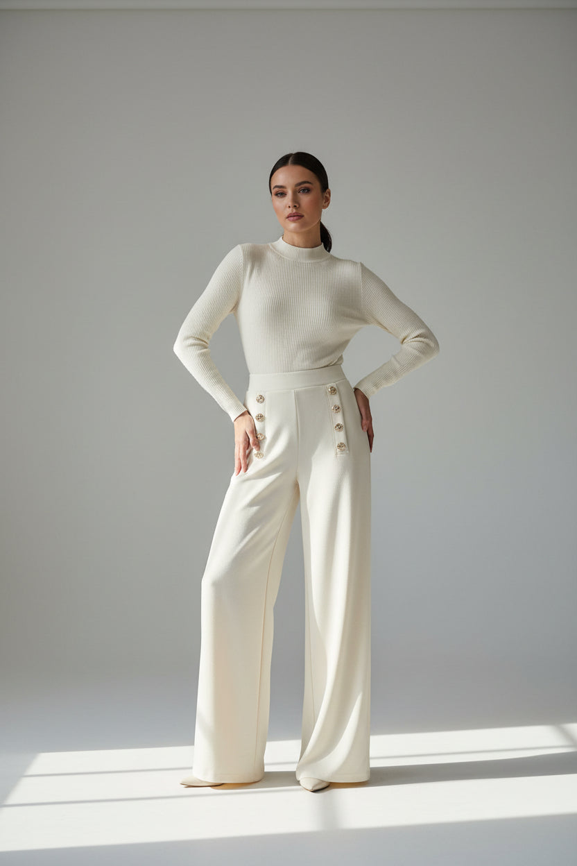 Yu &amp; Me High Waist Wide Leg Trousers with Gold Button Detail in Cream 5112