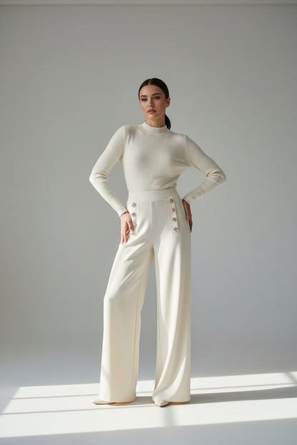 Yu &amp; Me High Waist Wide Leg Trousers with Gold Button Detail in Cream 5112