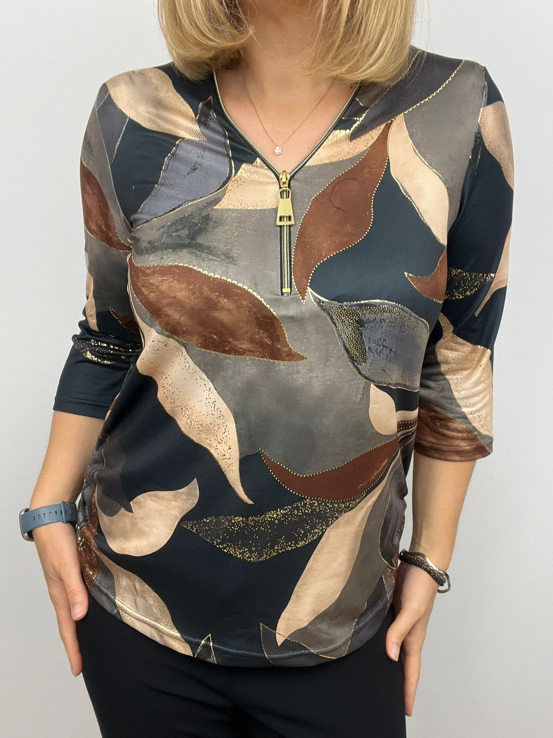 Ilona Tan Mix 3/4 sleeve Zip top Zip25 33
