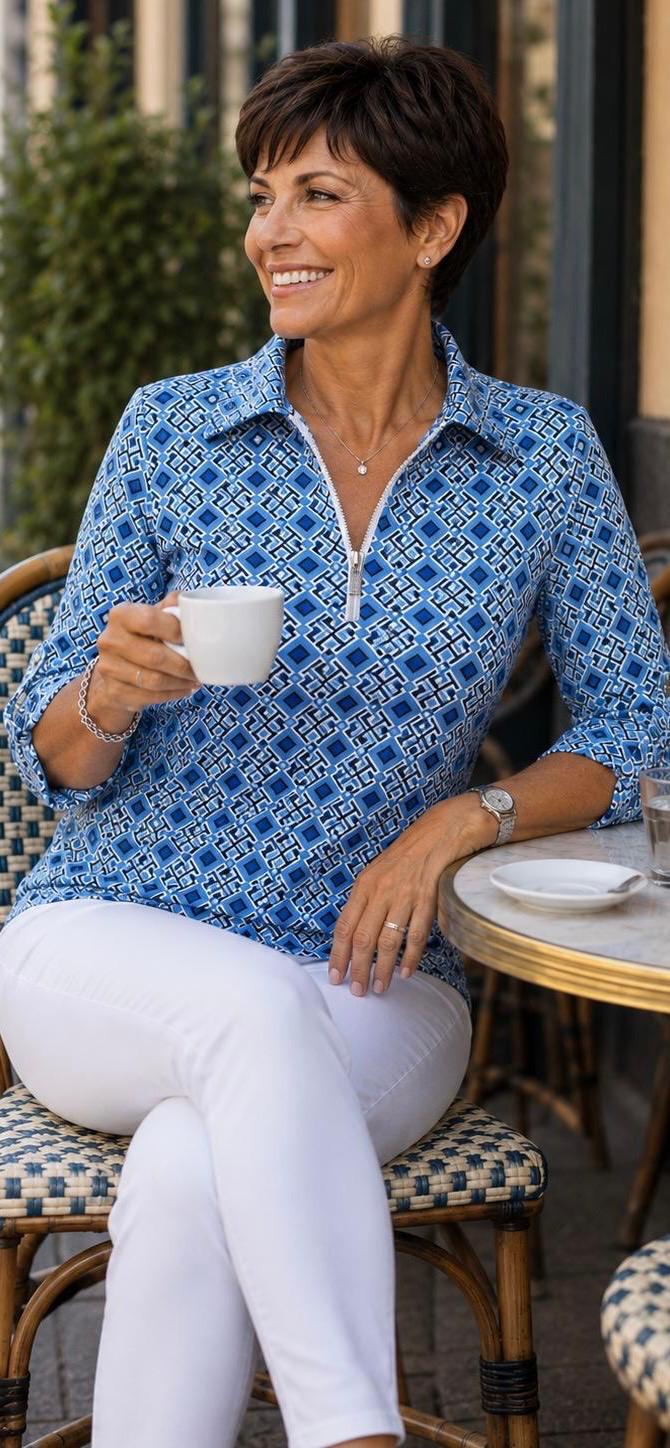 Yew Top with Collar  Zip Blue print with 3/4 sleeve  Yew 35