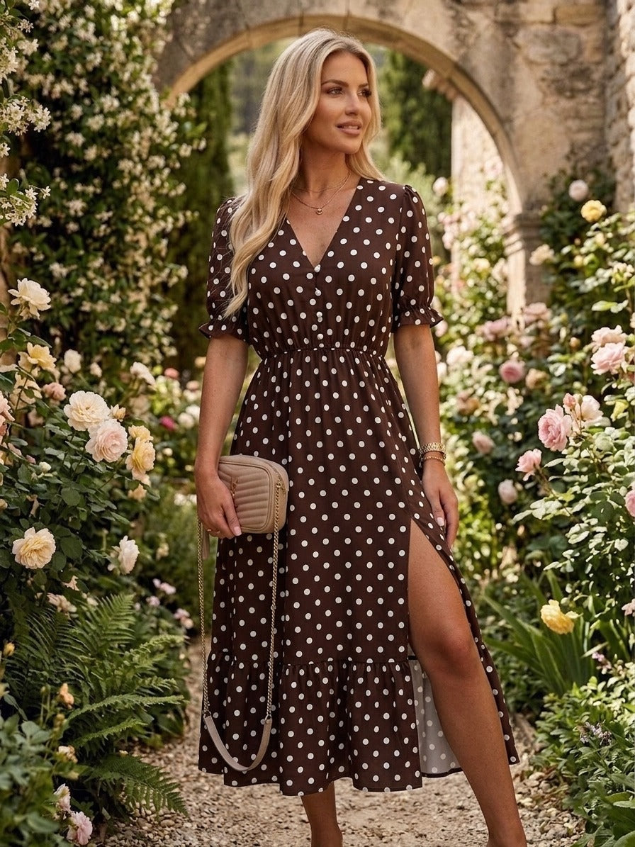 Emily Polka dot dress in Rich Brown