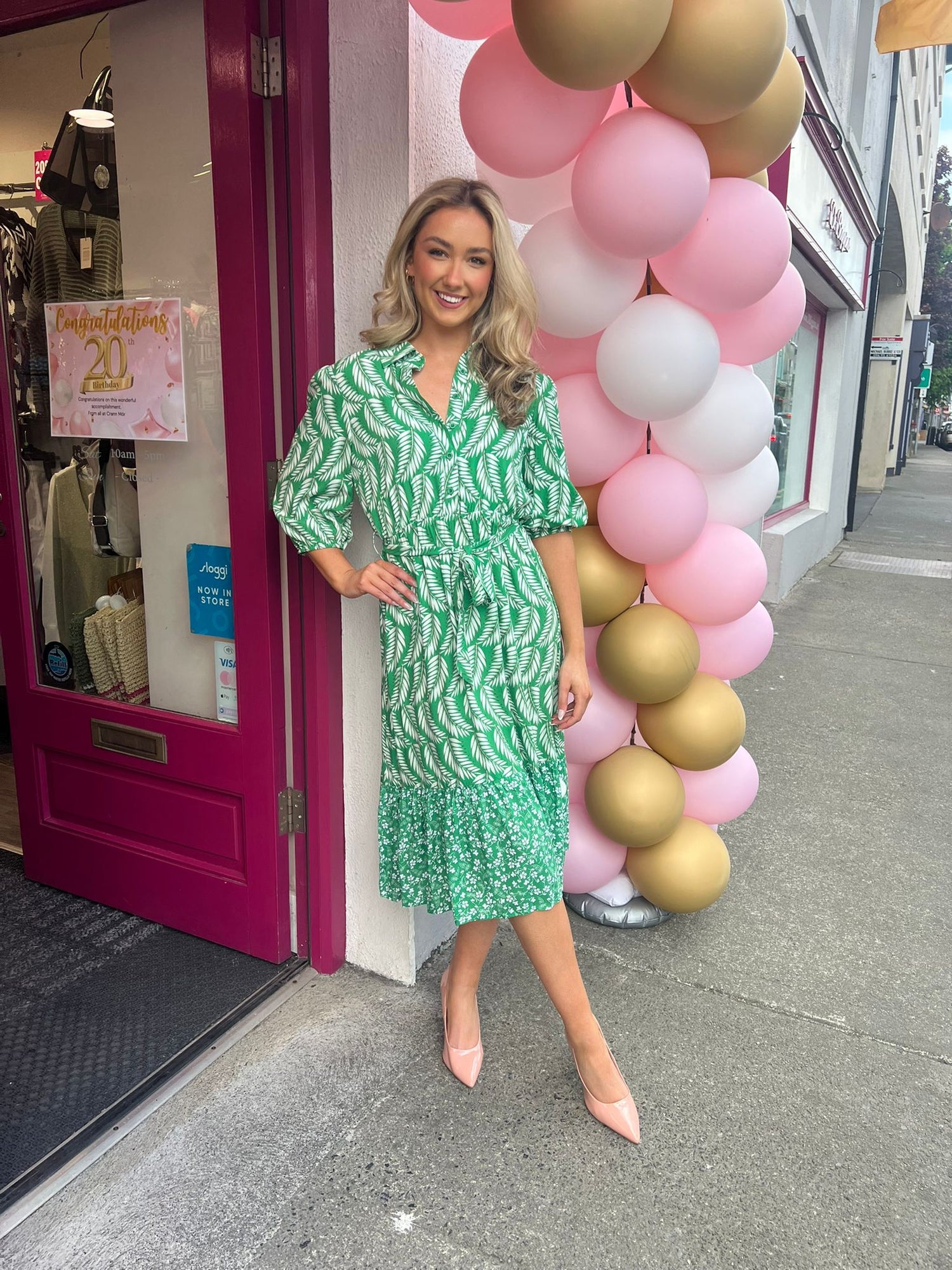 Palm print Shirt dress in green