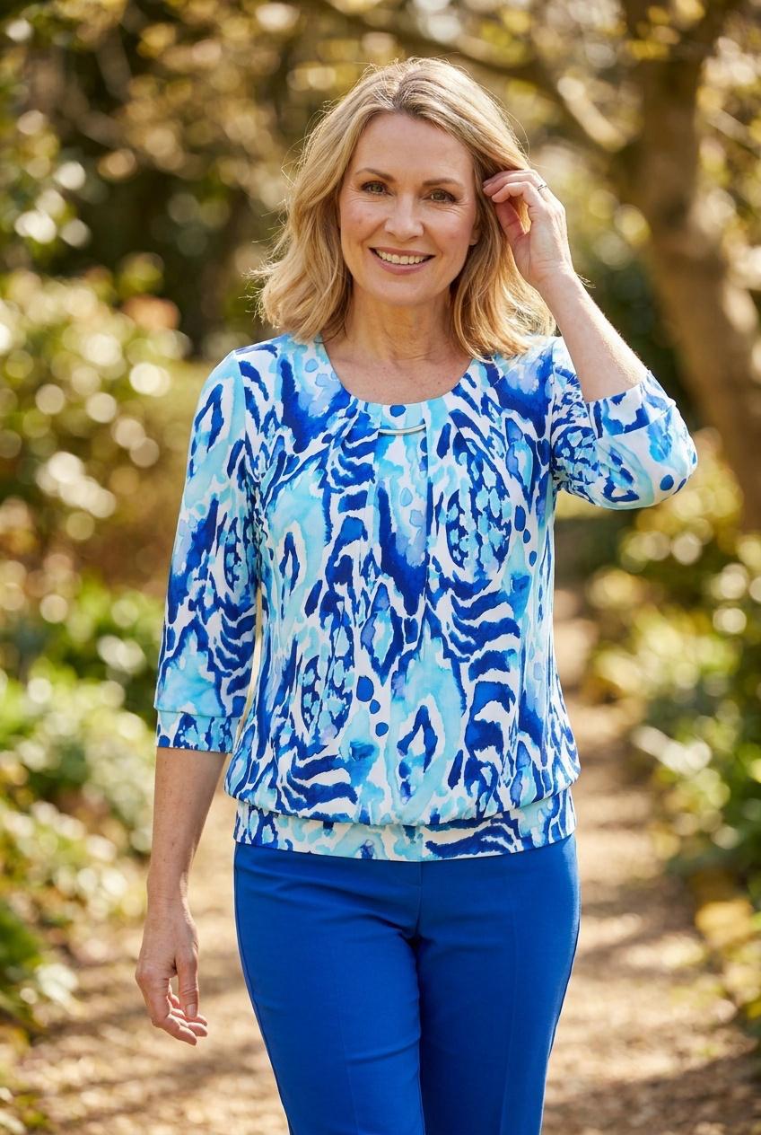 Yew Round neck Top with wide soft waistband in blue print Yew 30 2196