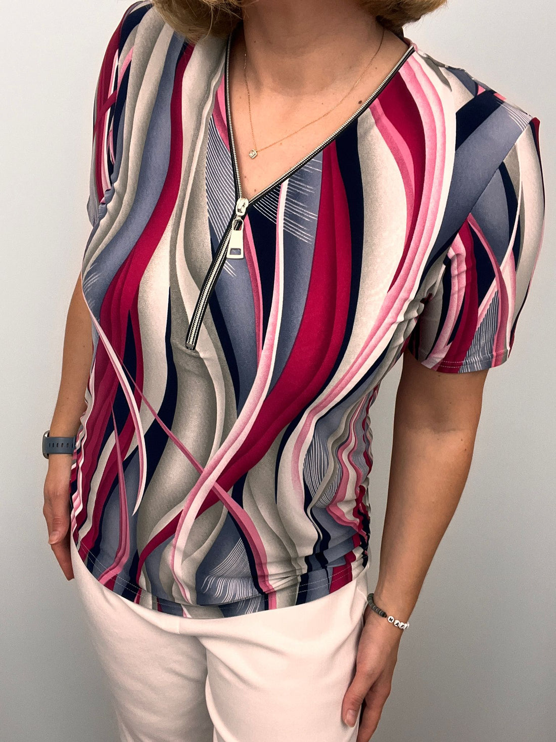 Short Sleeve Zip Top in Raspberry navy and stone print  Zip25 15
