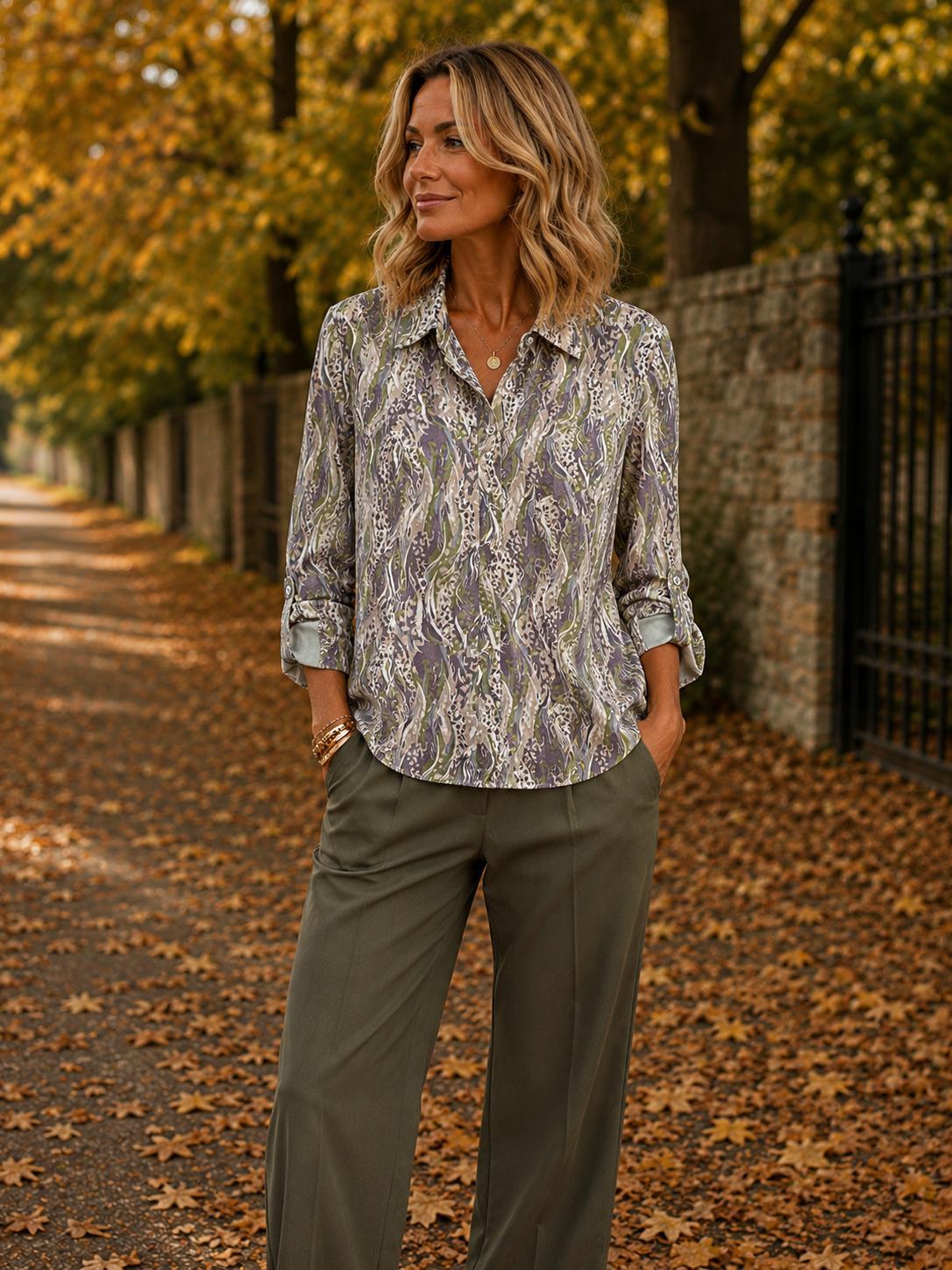 Yew Top with collar and 3 button opening in Green Taupe and Mauve Print Yew26 49
