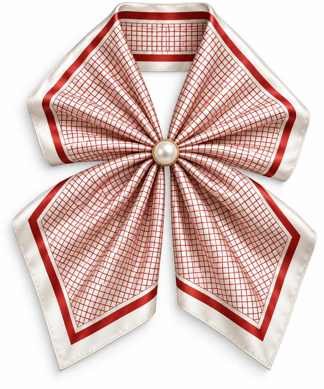 Silk Blend Scarf with Adjustable Pearl Clasp –Rust  &amp; Ivory Check