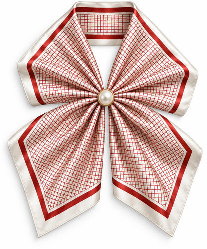 Silk Blend Scarf with Adjustable Pearl Clasp –Rust  &amp; Ivory Check