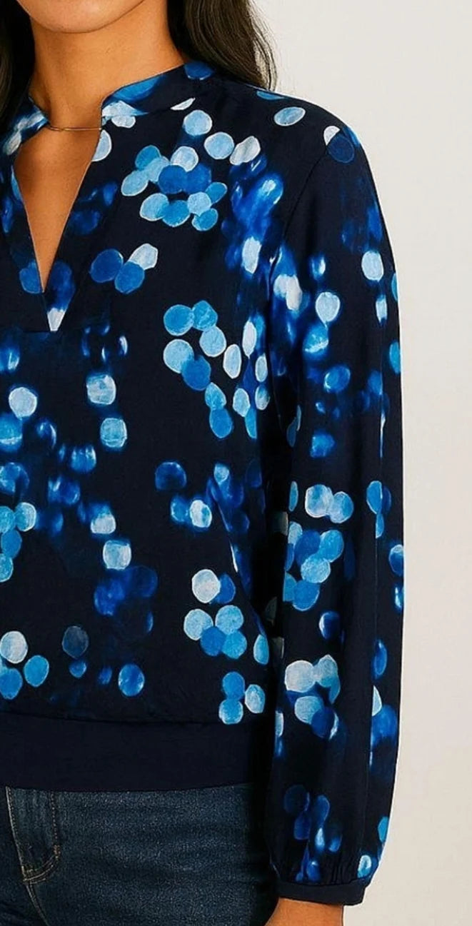 Luna band top in cobalt blue polka dot print