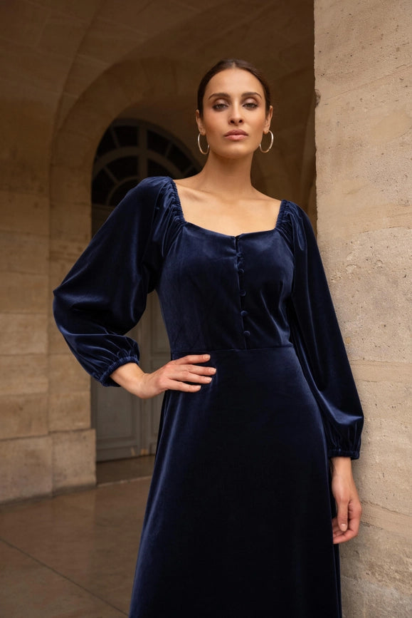 Navy Velvet Midi Dress with sweetheart neckline